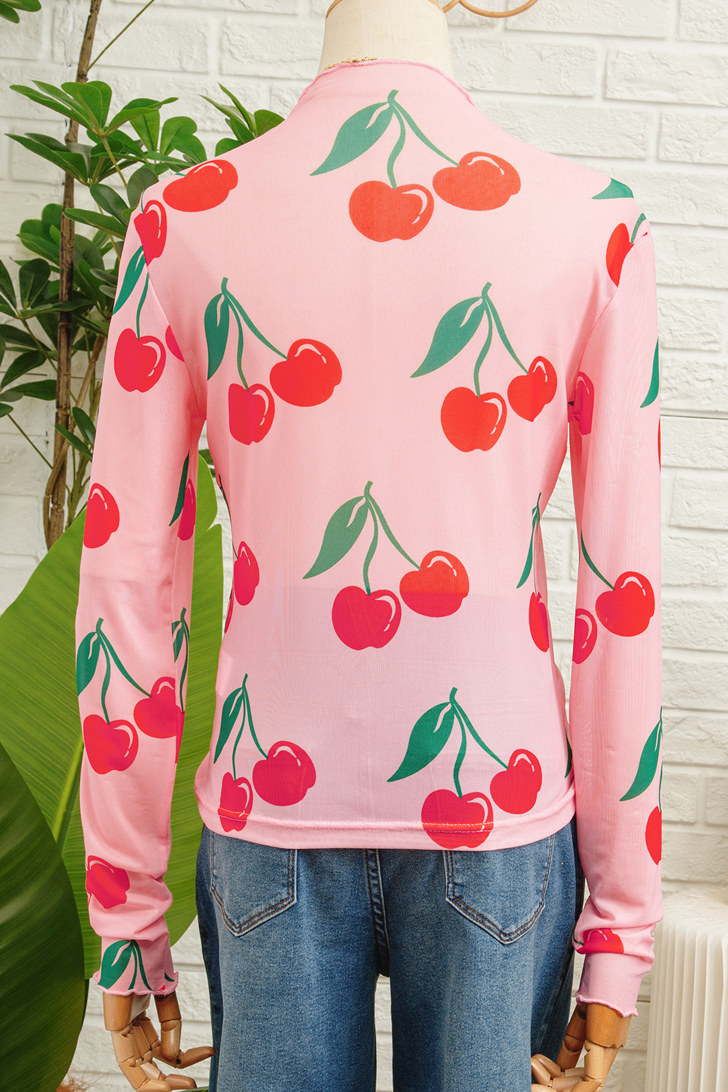Pink Cherry Print Lettuce Trim Long Sleeve Mesh Top
