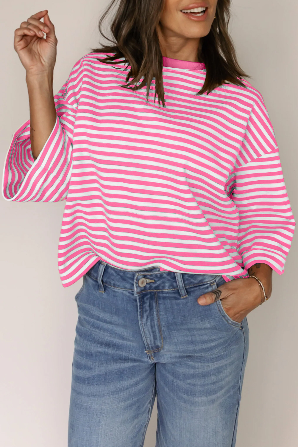 Red Stripe Bowknot Cutout Back Drop Shoulder Wide Bracelet Sleeve Loose Tee