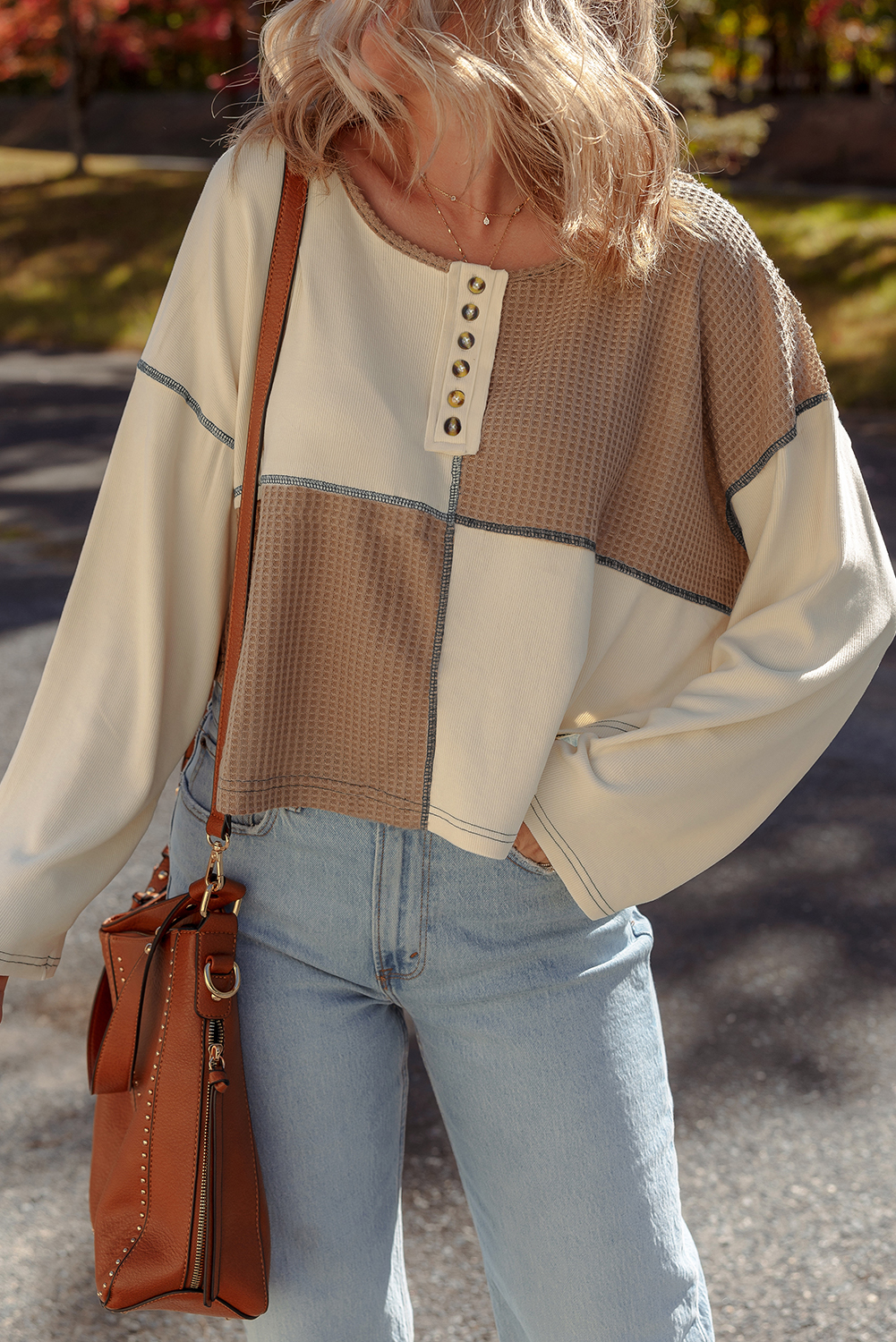 Beige Color Block Waffle Knit Stitch Detail Long Sleeve Top