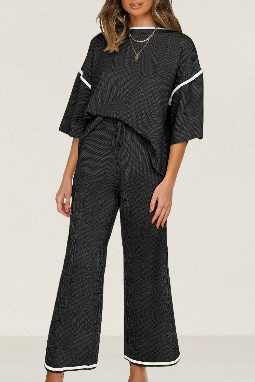 Blackish Green Contrast Trim Half Sleeve Top Drawstring Pants Loose 2pcs Sweater Suit