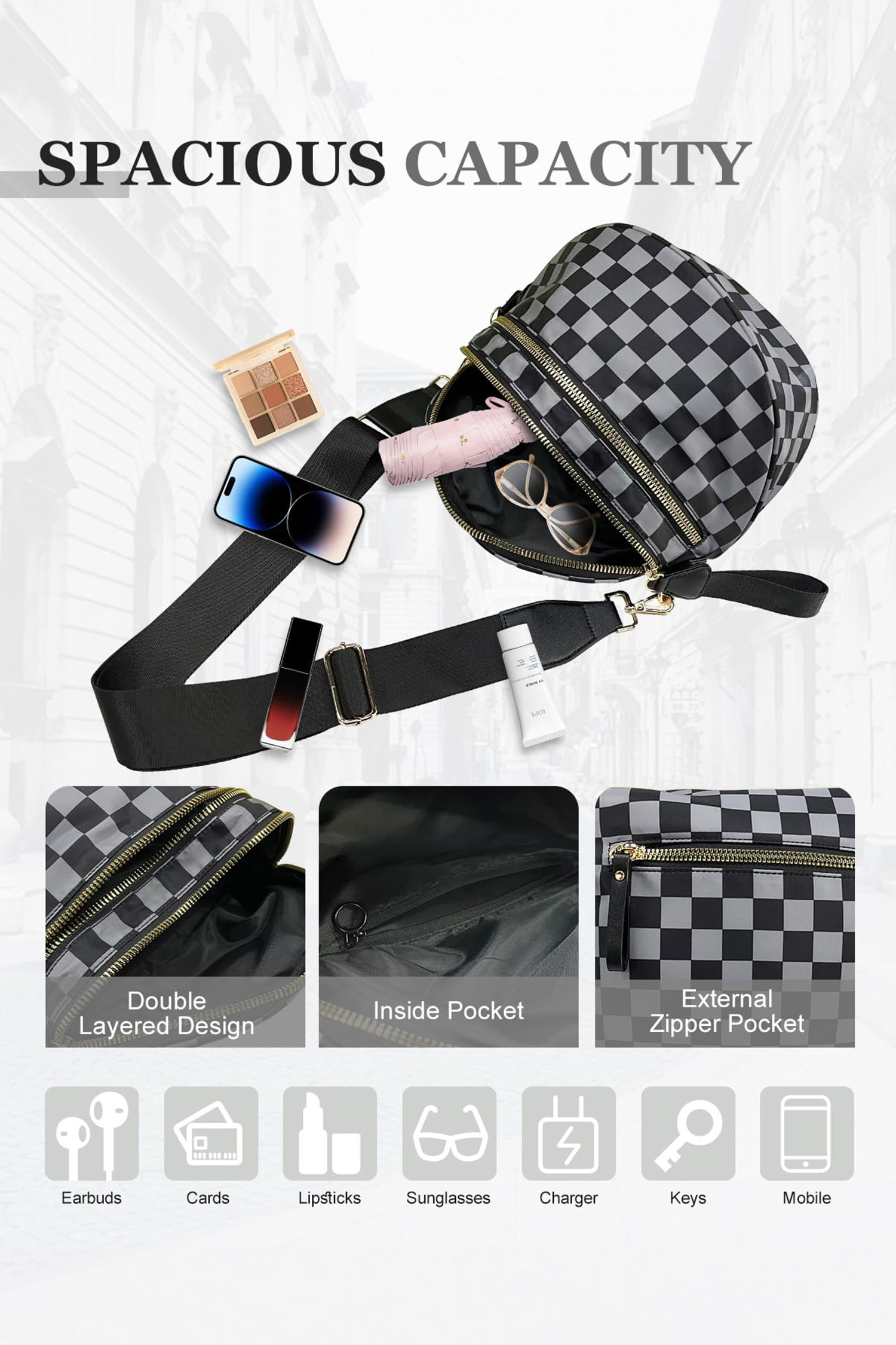 Jungle Green Double Zip Crescent Shape Adjustable Sling Bag