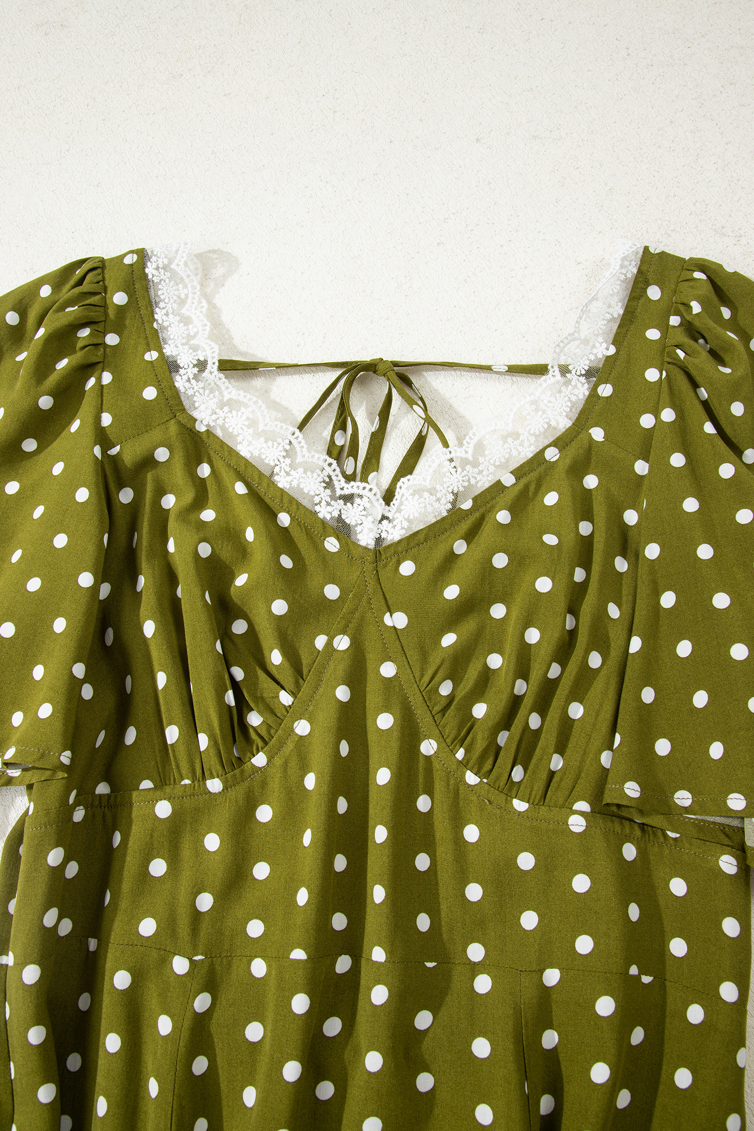Green Polka Dot Print Lacy Neckline Smocked High Waist Maxi Dress