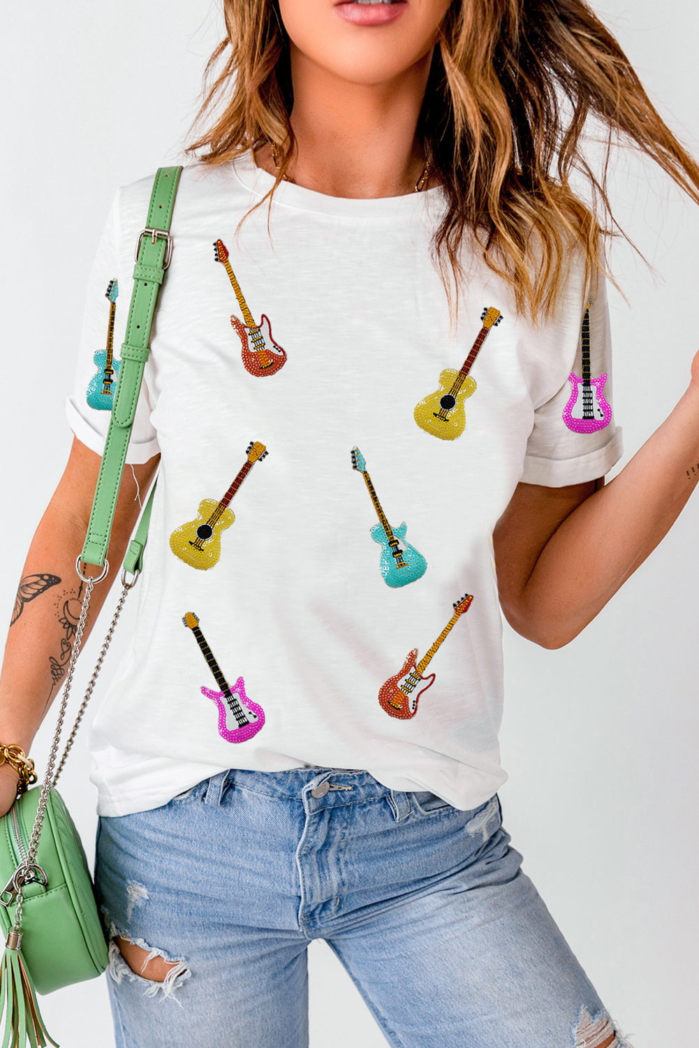 White Guitar Patched Graphic Crew Neck Tee