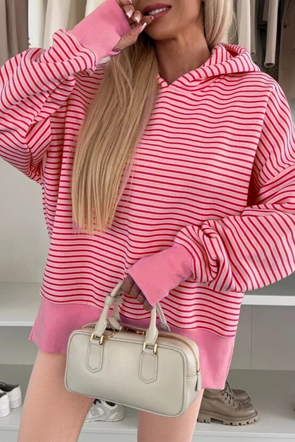 Purple Stripe Thumbhole Side Slits Drop Shoulder Loose Fit Hoodie