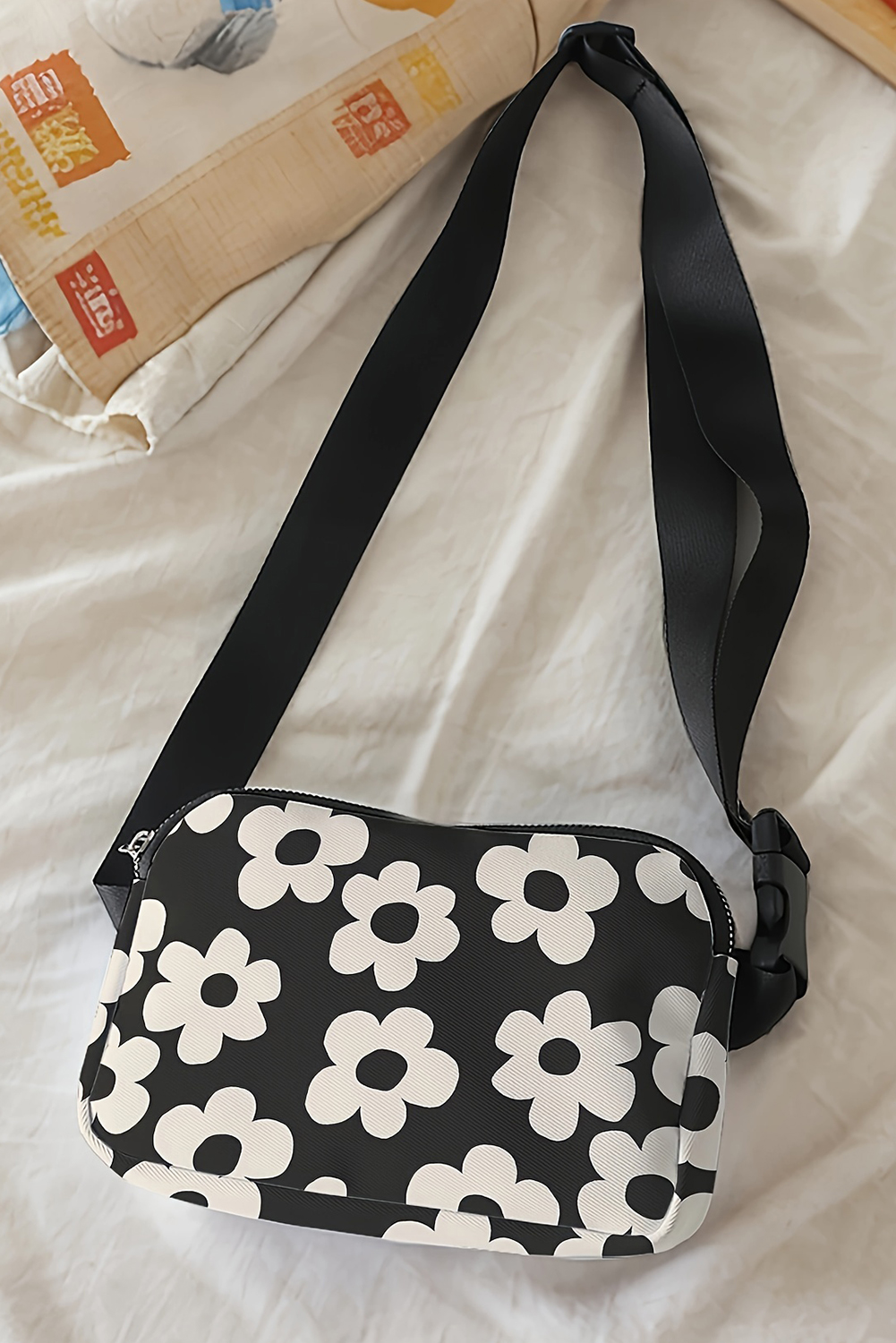 Black Flower Pattern Zipper Cross Body Bag