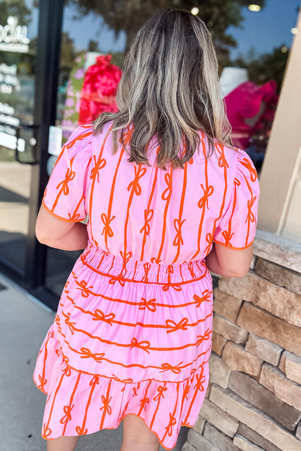 Pink Bowknot Striped Printed Bubble Sleeve Buttoned Belted Mini Dress