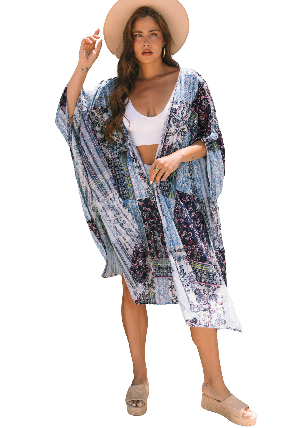 Blue Retro Floral Print Long Loose Open Front Kimono