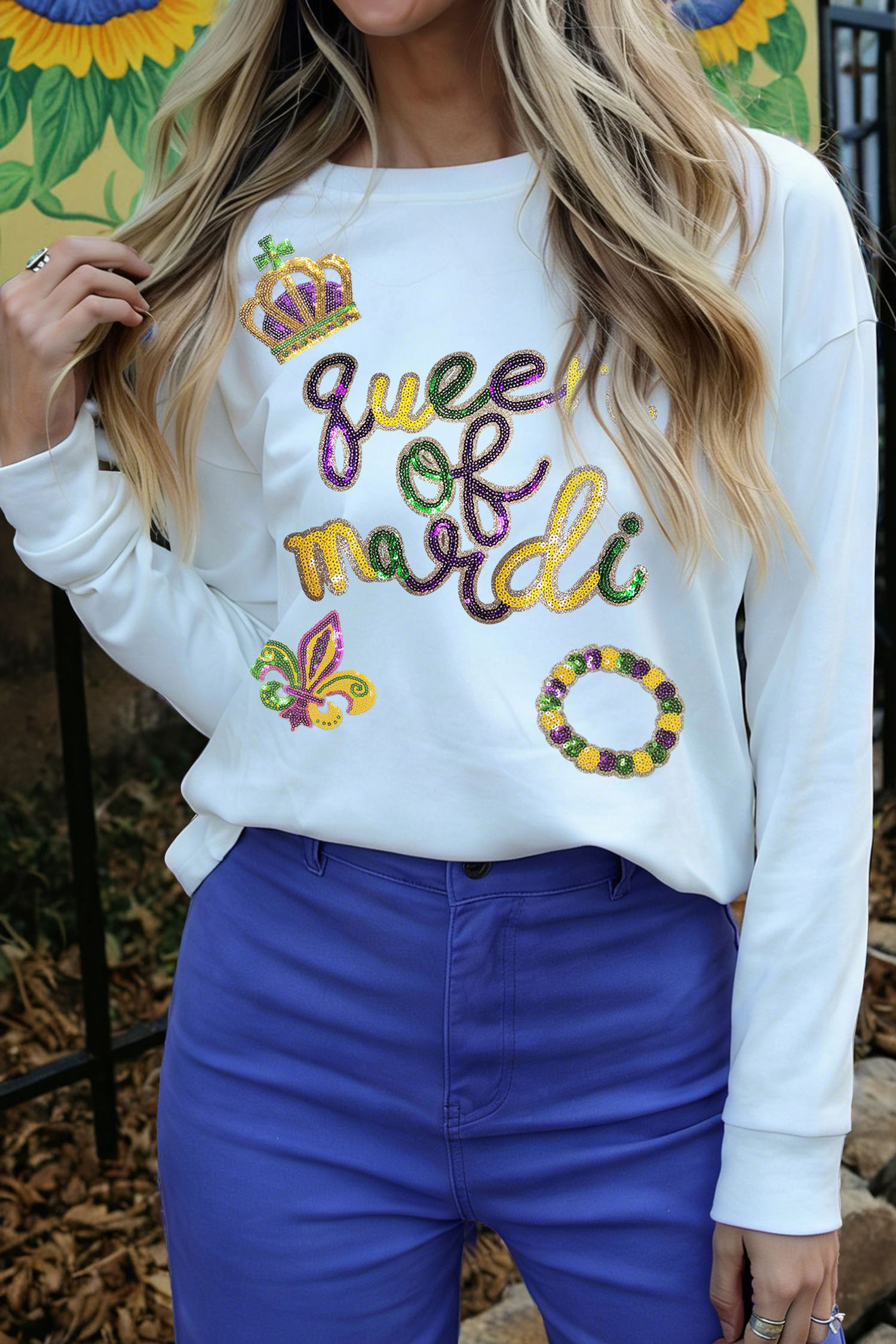 White LUCKY Clover Embroidered Long Sleeve Top
