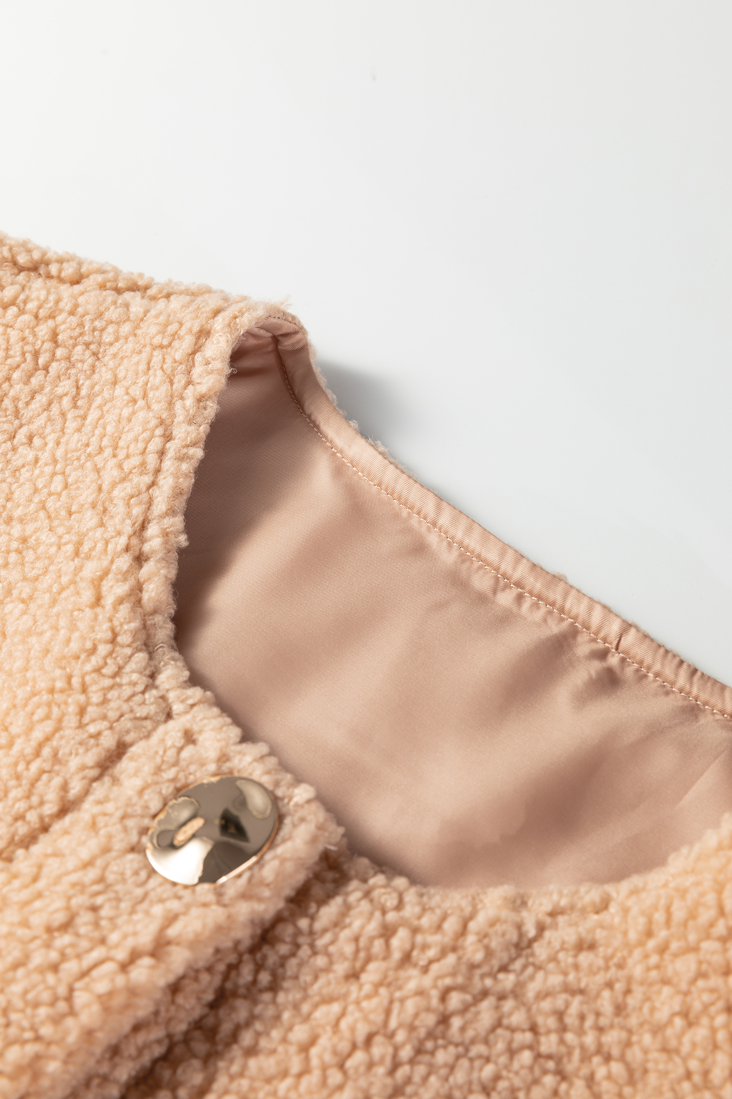 Light French Beige Big Button Accent Fuzzy Pocket Vest