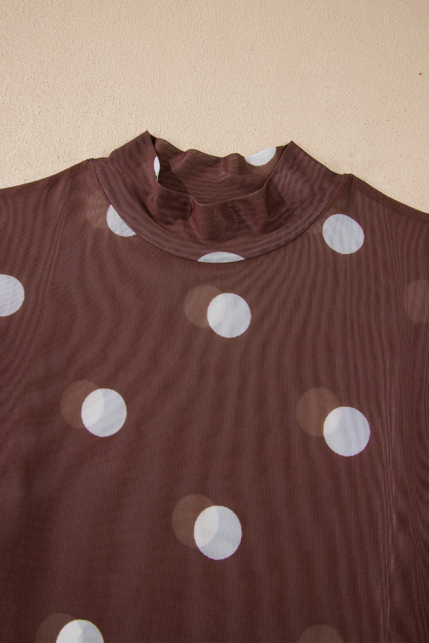 Brown Vintage Polka Dot Print Mesh Long Sleeve Bodysuit