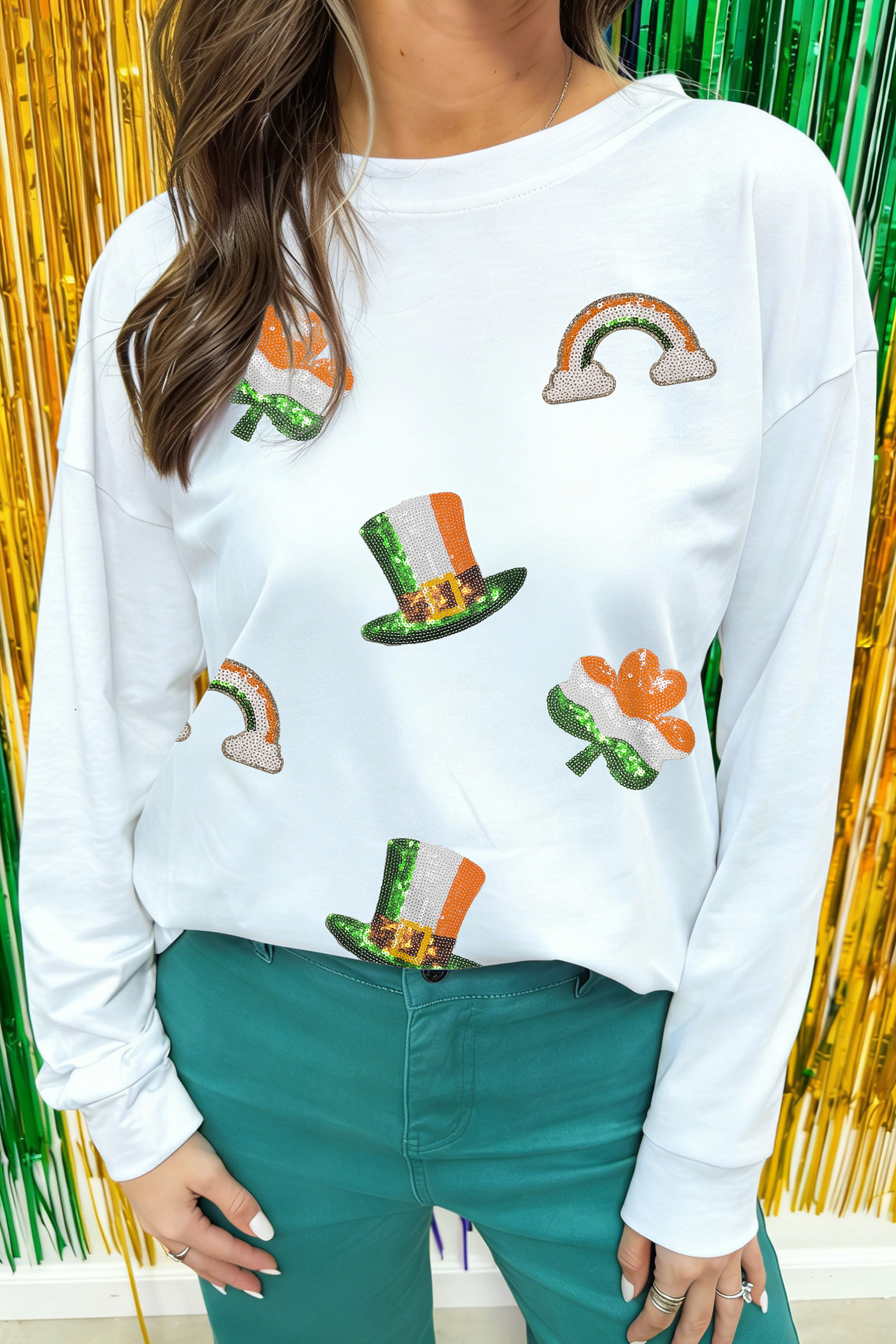 White LUCKY Clover Embroidered Long Sleeve Top