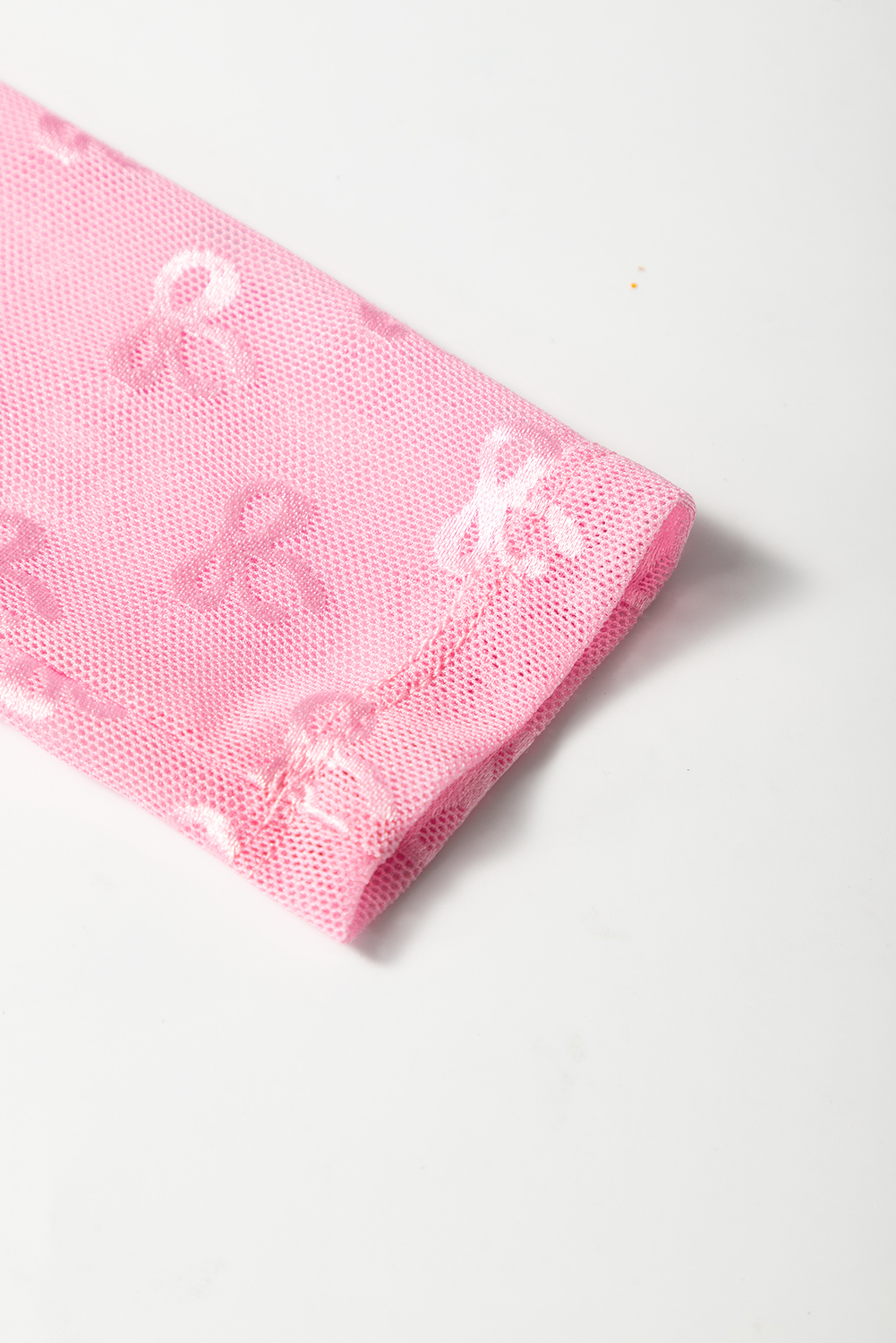 Pink Round Neck Bow Print Long Sleeve Mesh Top