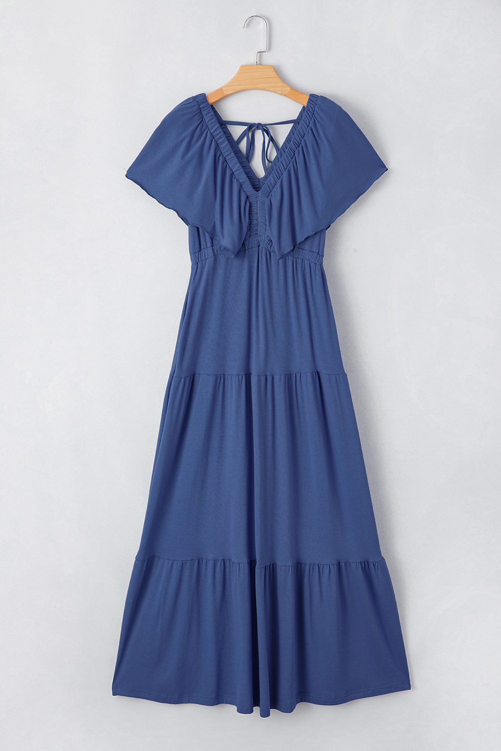 Grass Green Textured V Neck Flutter Sleeve Ruffled Maxi Dress