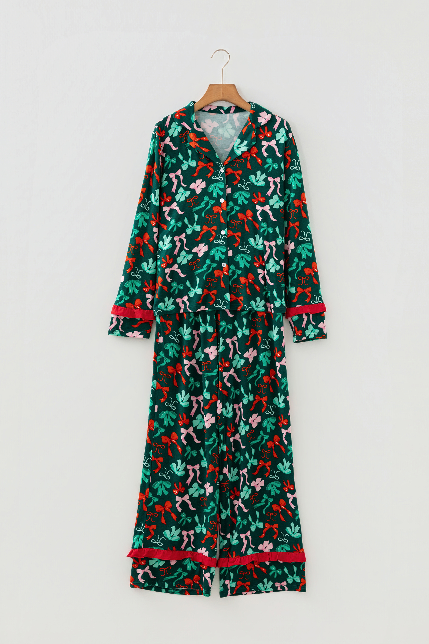 Green Festive Bow Print 2pcs Pajama Pant Set