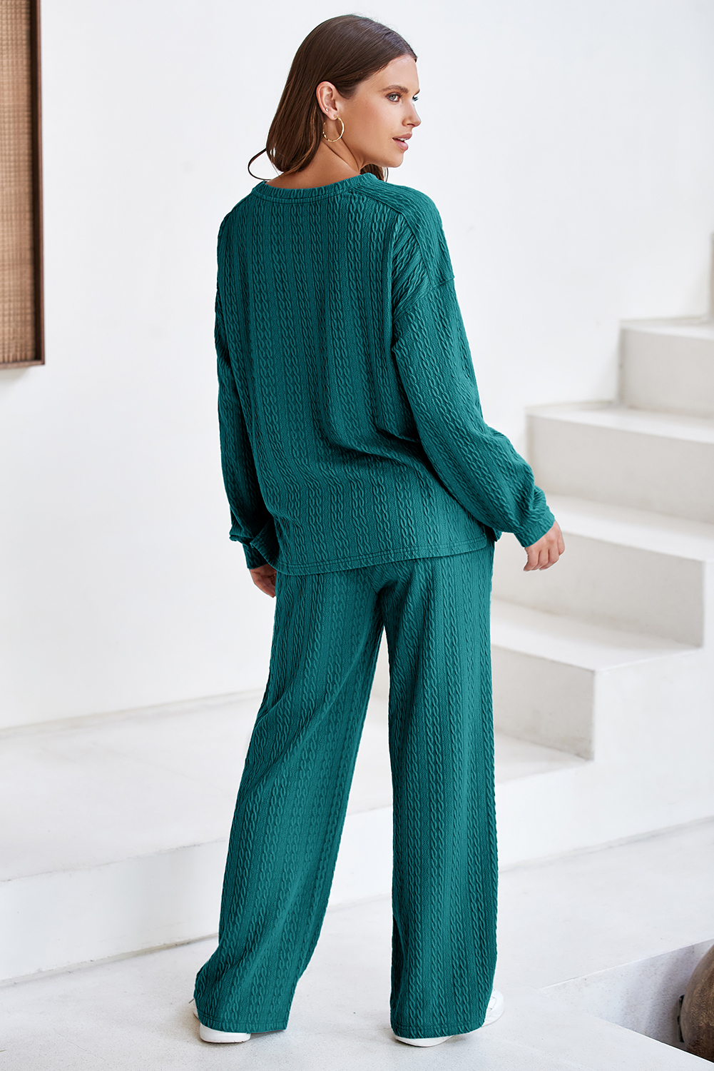 Smoke Green Textured Round Neck Sweatshirt & Loose Drawstring High Waist Pant Set