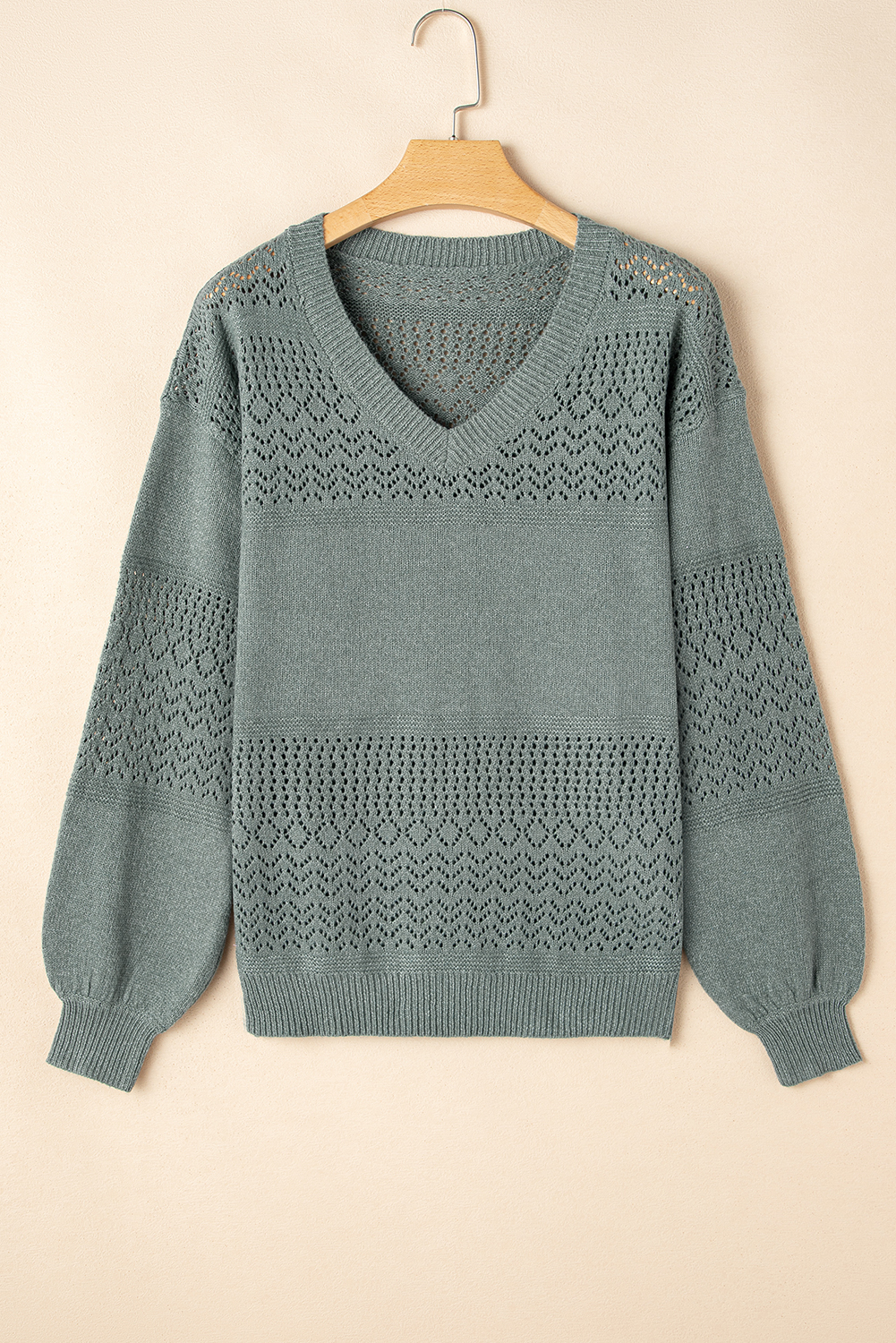 Sky Blue Eyelet Pattern Detail V Neck Drop Shoulder Sweater