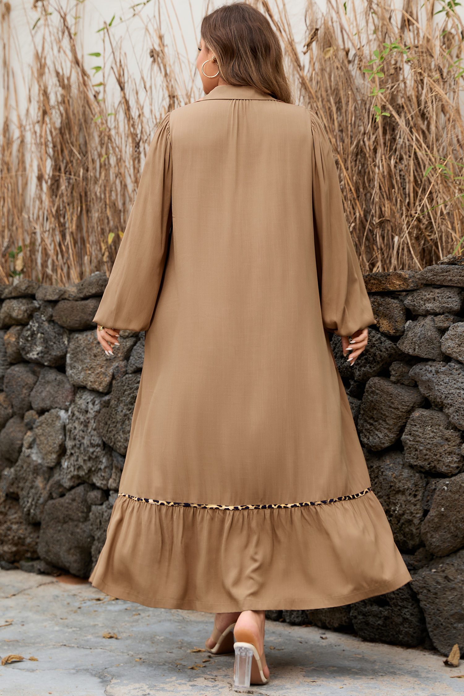 Four Leaf Clover Collared V Neck Smocked Detail Contrast Leopard Trim Bracelet Sleeve Long Dress