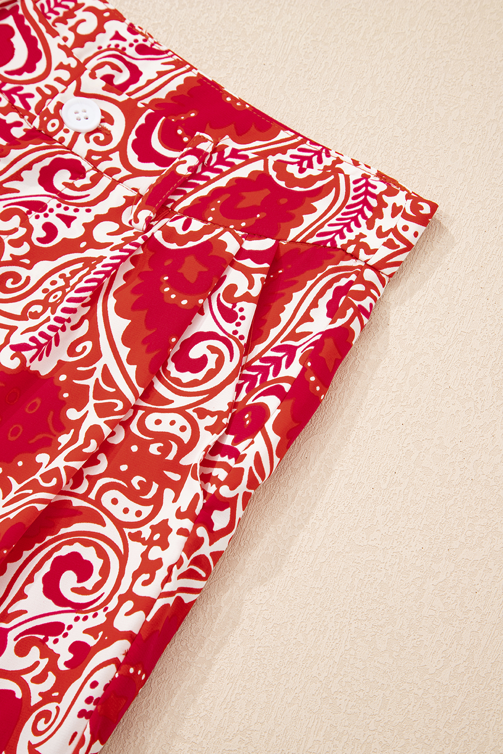 Red Paisley Printed Buttoned High Waist Straight Leg Pants