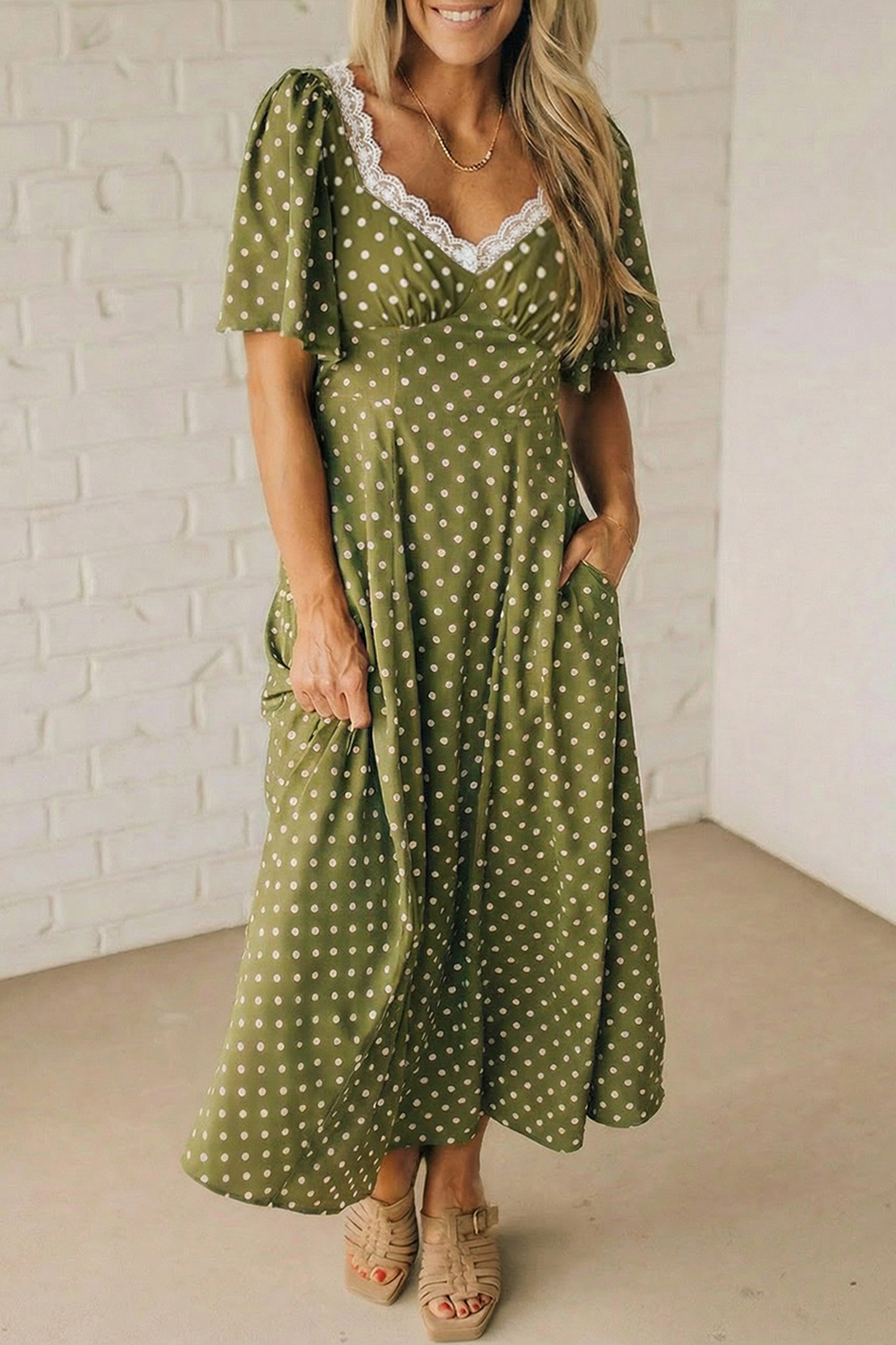 Green Polka Dot Print Lacy Neckline Smocked High Waist Maxi Dress