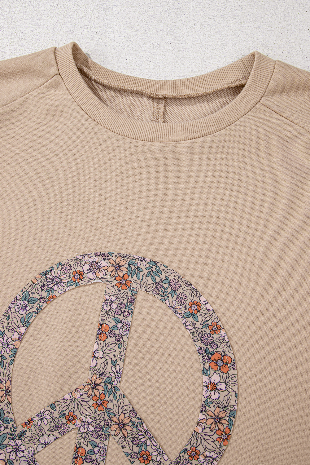 Beige Flower Patch Graphic Exposed Seam Wide Sleeve Top