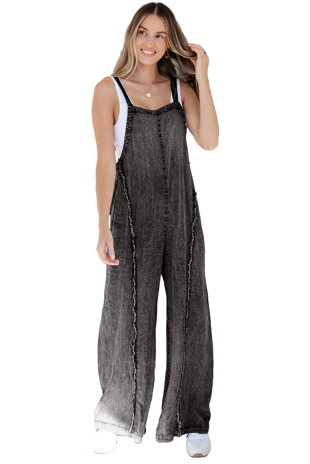 Beau Blue Light Wash Frayed Exposed Seam Wide Leg Denim Overall