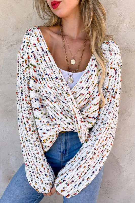 White Confetti Rib Knit Long Sleeve Cardigan