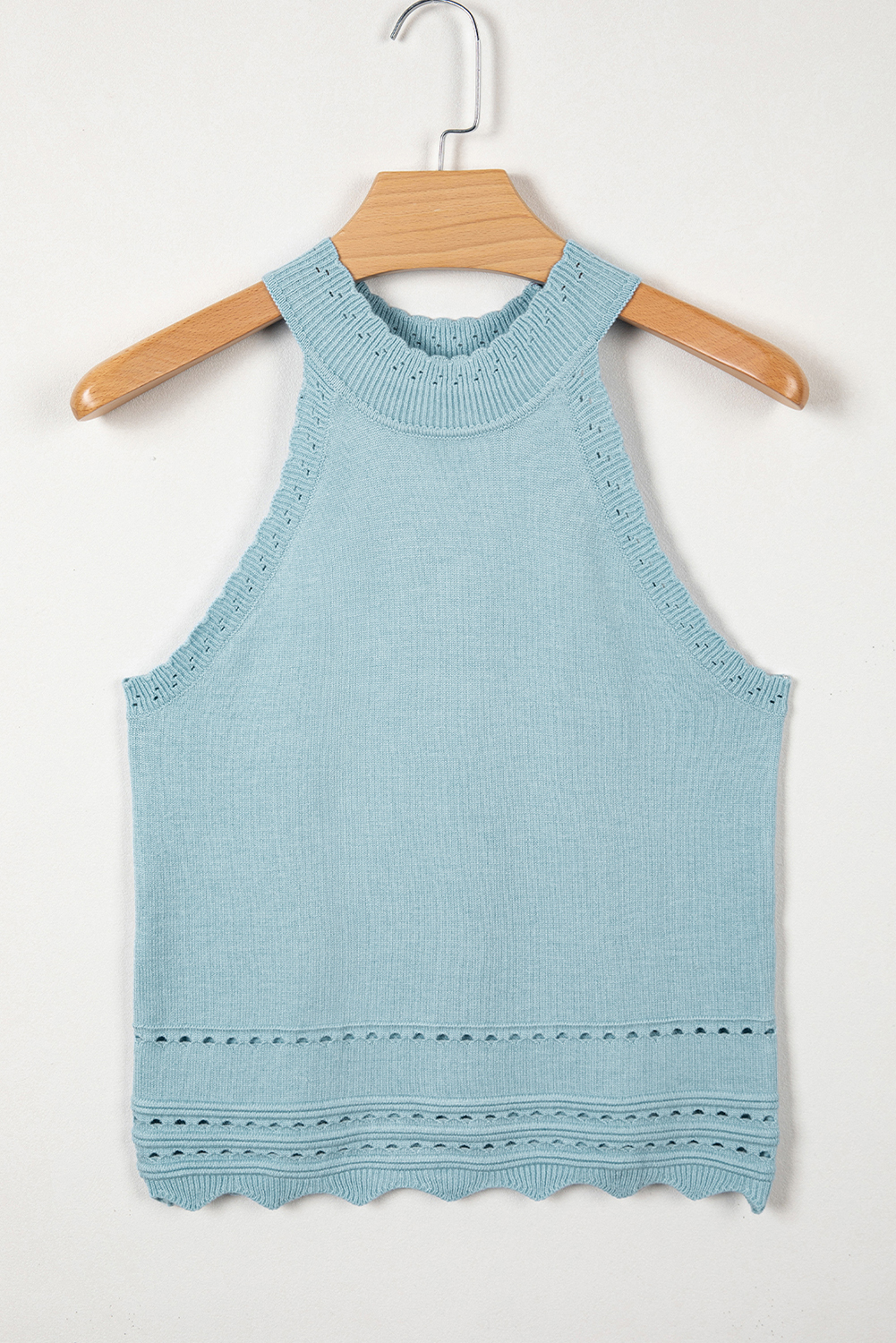 Sky Blue White Cut-out Scalloped Hem Skinny Tank Top