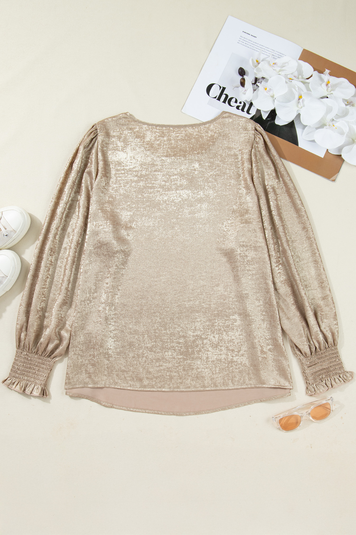Apricot Metallic Round Neck Smocked Long Sleeve Blouse