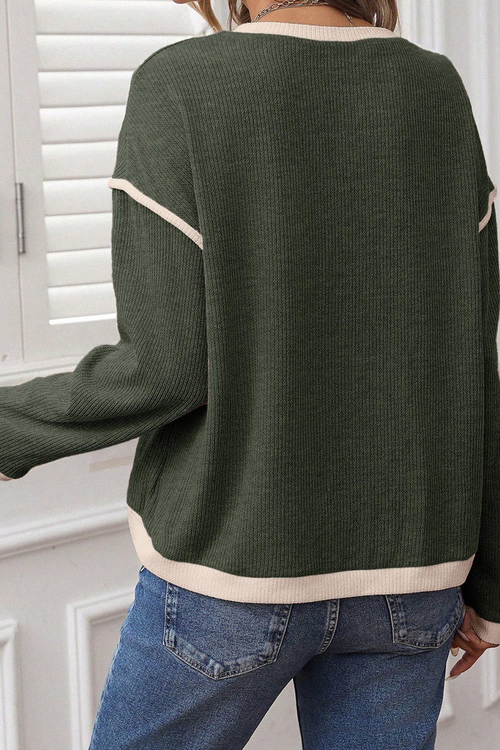 Four Leaf Clover Merry Patched Graphic Contrast Trim Christmas Knitted Long Sleeve Top