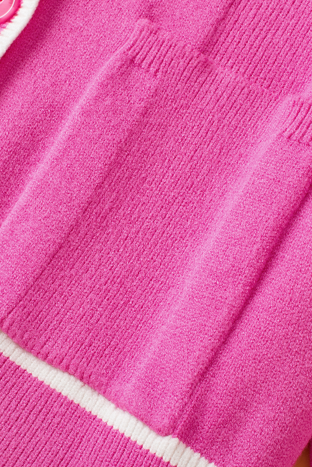 Bright Pink Color Contrast Side Pockets Button V Neck Cardigan