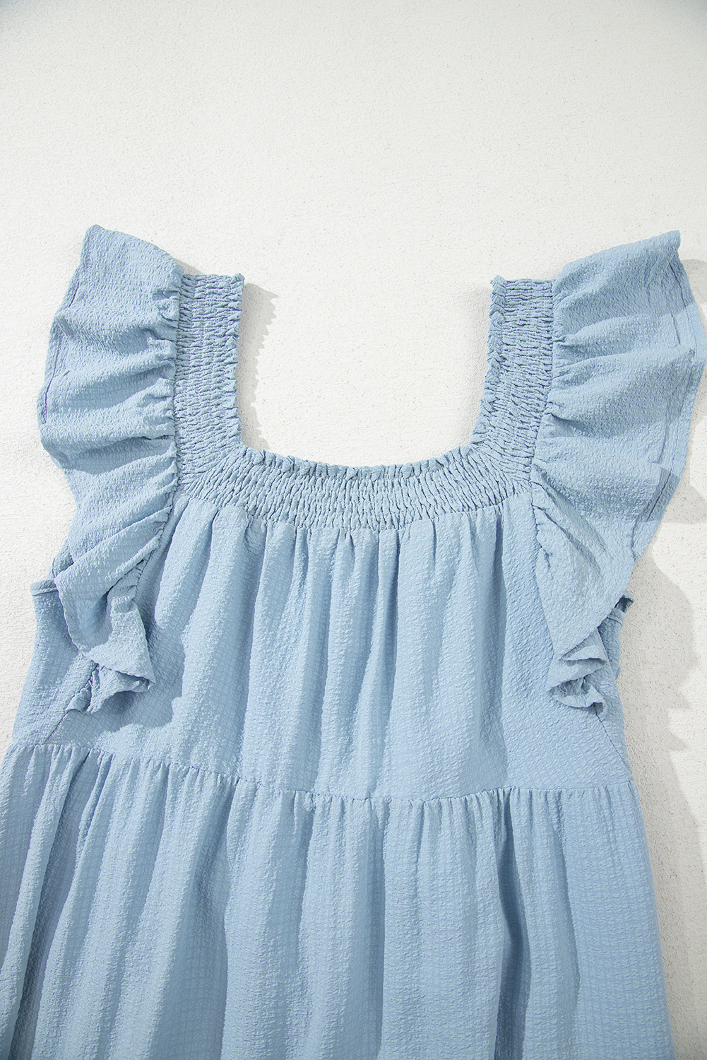 Sky Blue Ruffled Flutter Sleeve Square Neck Textured Tiered Maxi Dress