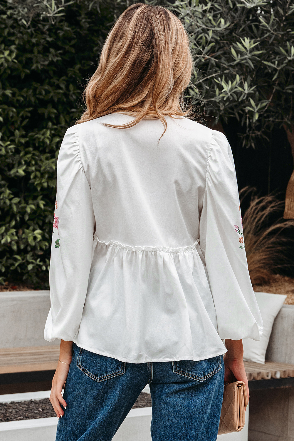 White Flower Print Lace-up V Neck Babydoll Blouse