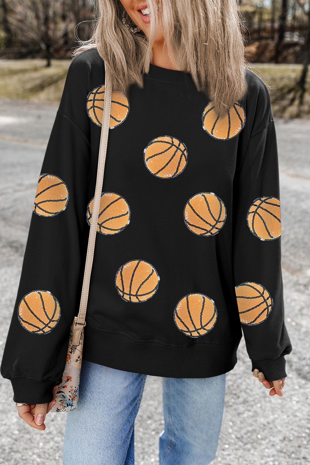 Black Sequin Basketball Patched Graphic Game Day T Shirt