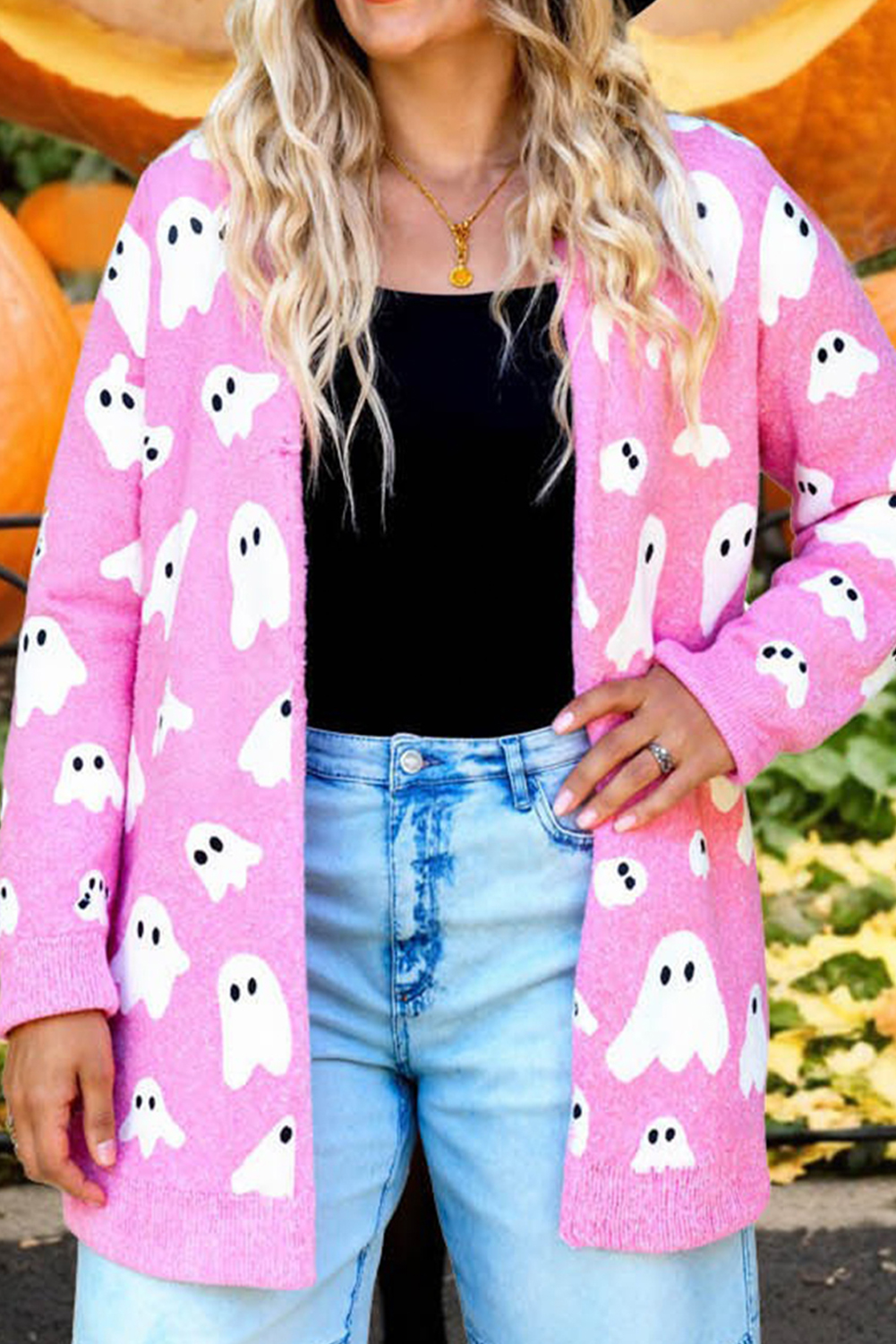 Bonbon Halloween Ghost Pattern Mid-length Knitted Cardigan