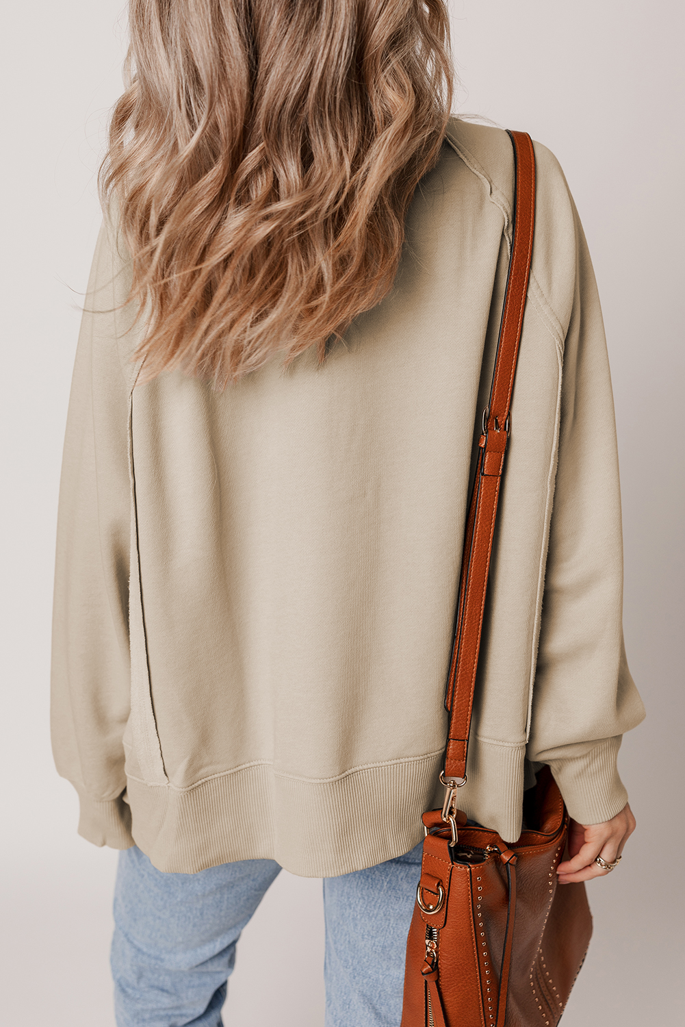 Parchment Raw Edge Exposed Seam Raglan Sleeve Side Slit Sweatshirt