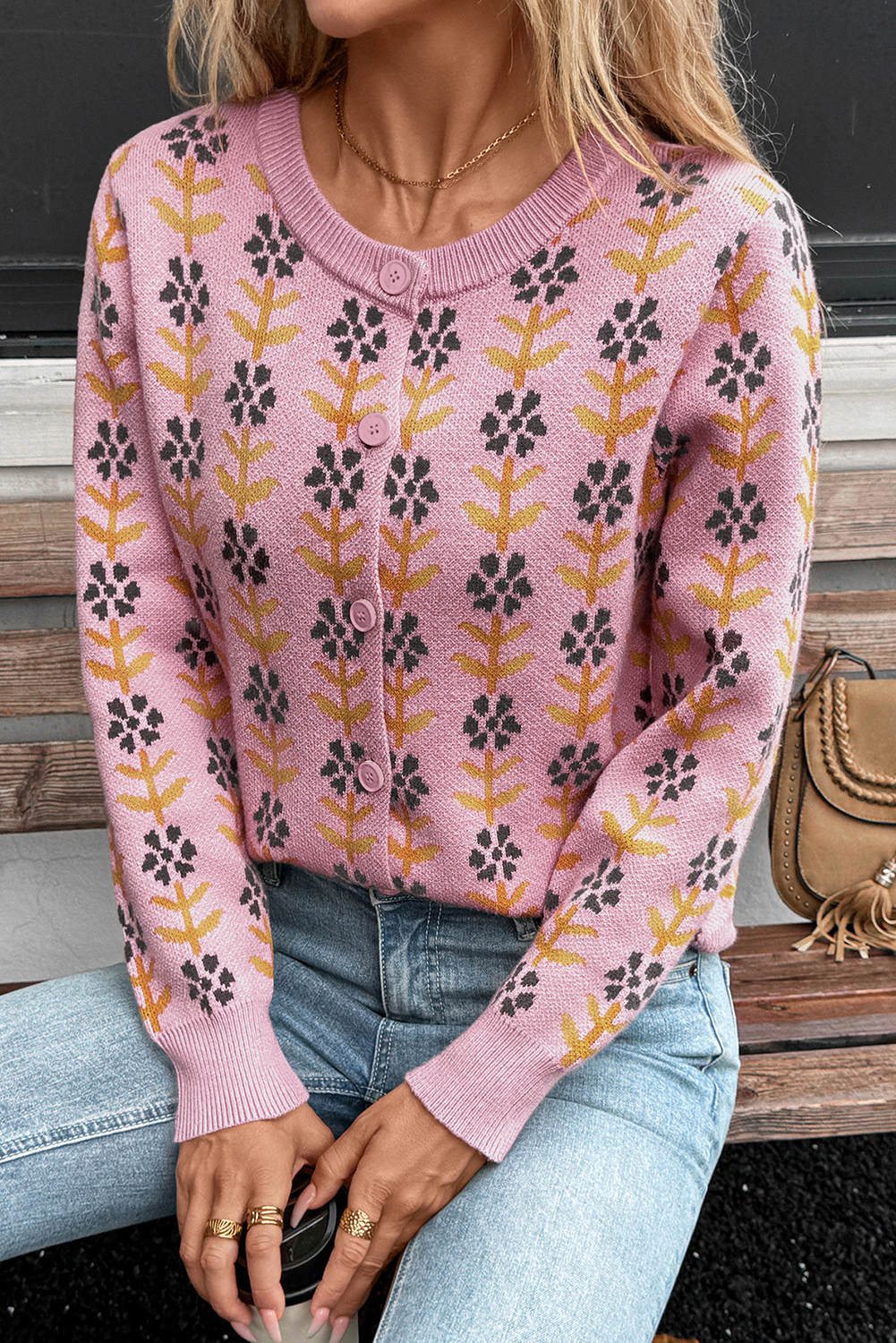 Pink Floral Button Down Ribbed Banded Cardigan Sweater