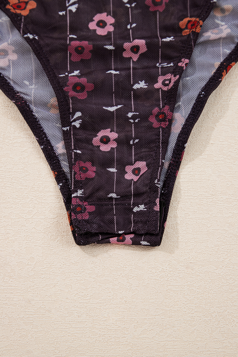 Dear Lover Black Floral Print Smocked Cuff Slim Fit Mesh Bodysuit