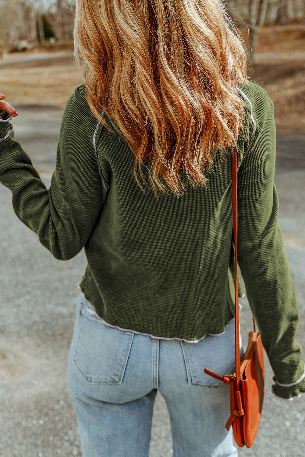 Smoke Gray Textured Round Neck Long Sleeve Top