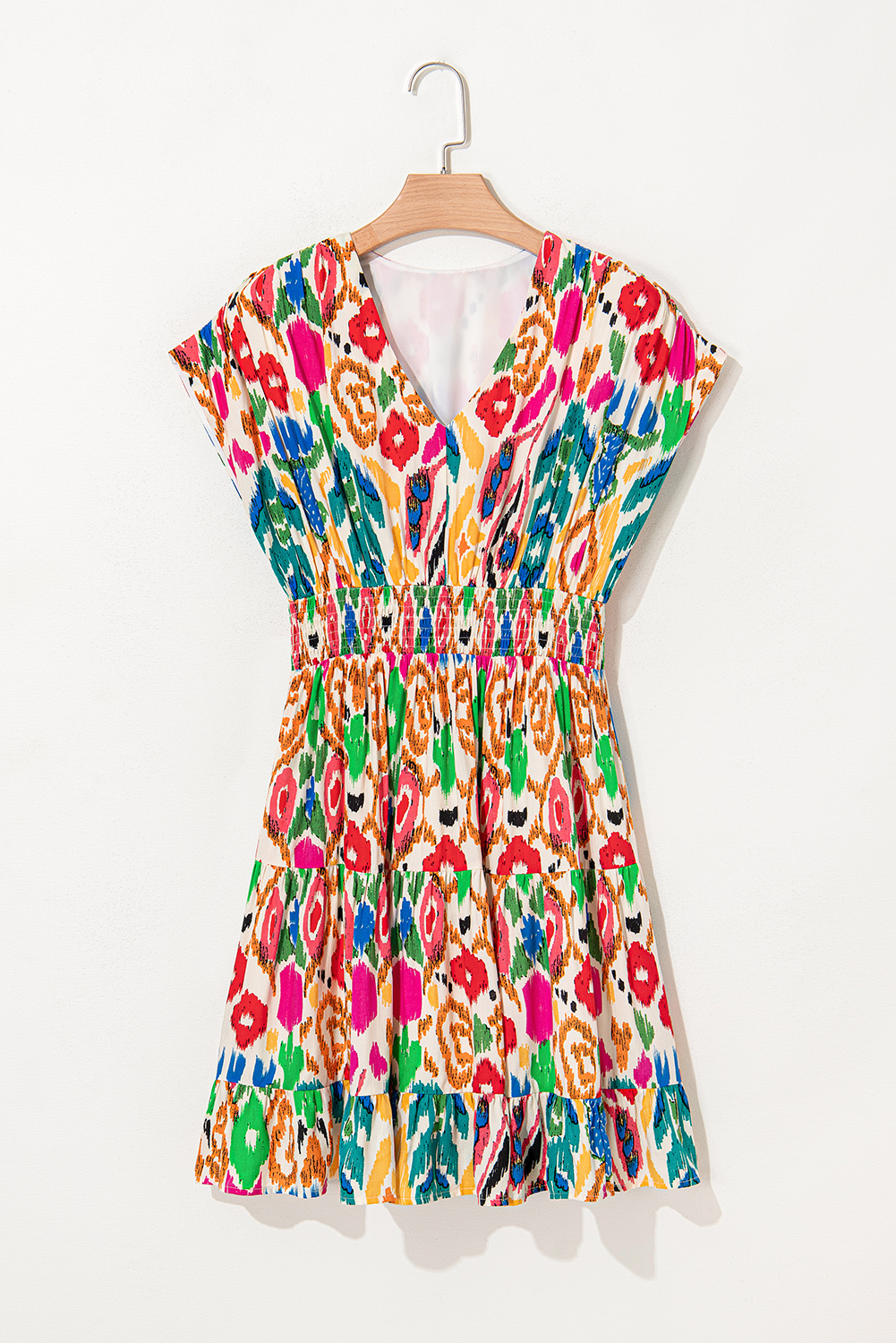 Sky Blue Abstract Print V Neck Dolman Sleeve Ruffle Tiered Mini Dress