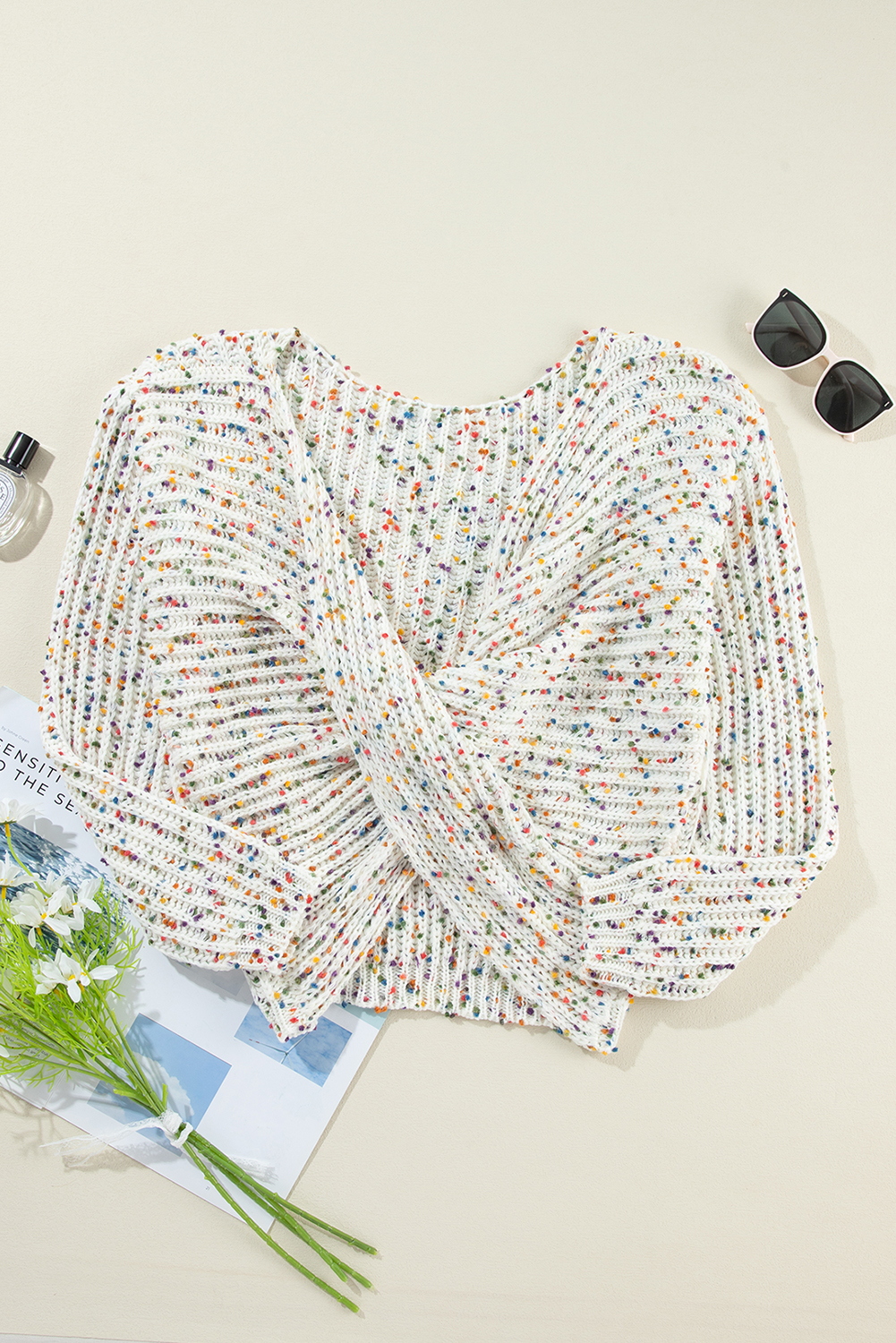 White Confetti Rib Knit Long Sleeve Cardigan