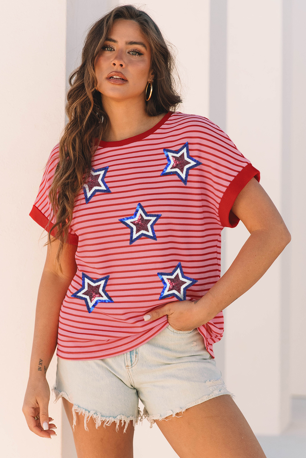 Pink Stripe Knitted Round Neck T Shirt