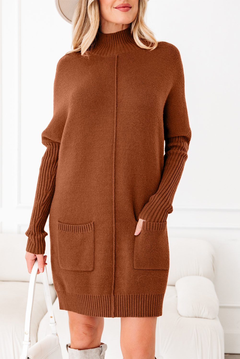 Fiery Red Ribbed High Neck Front Pockets Center Seam Shift Sweater Dress