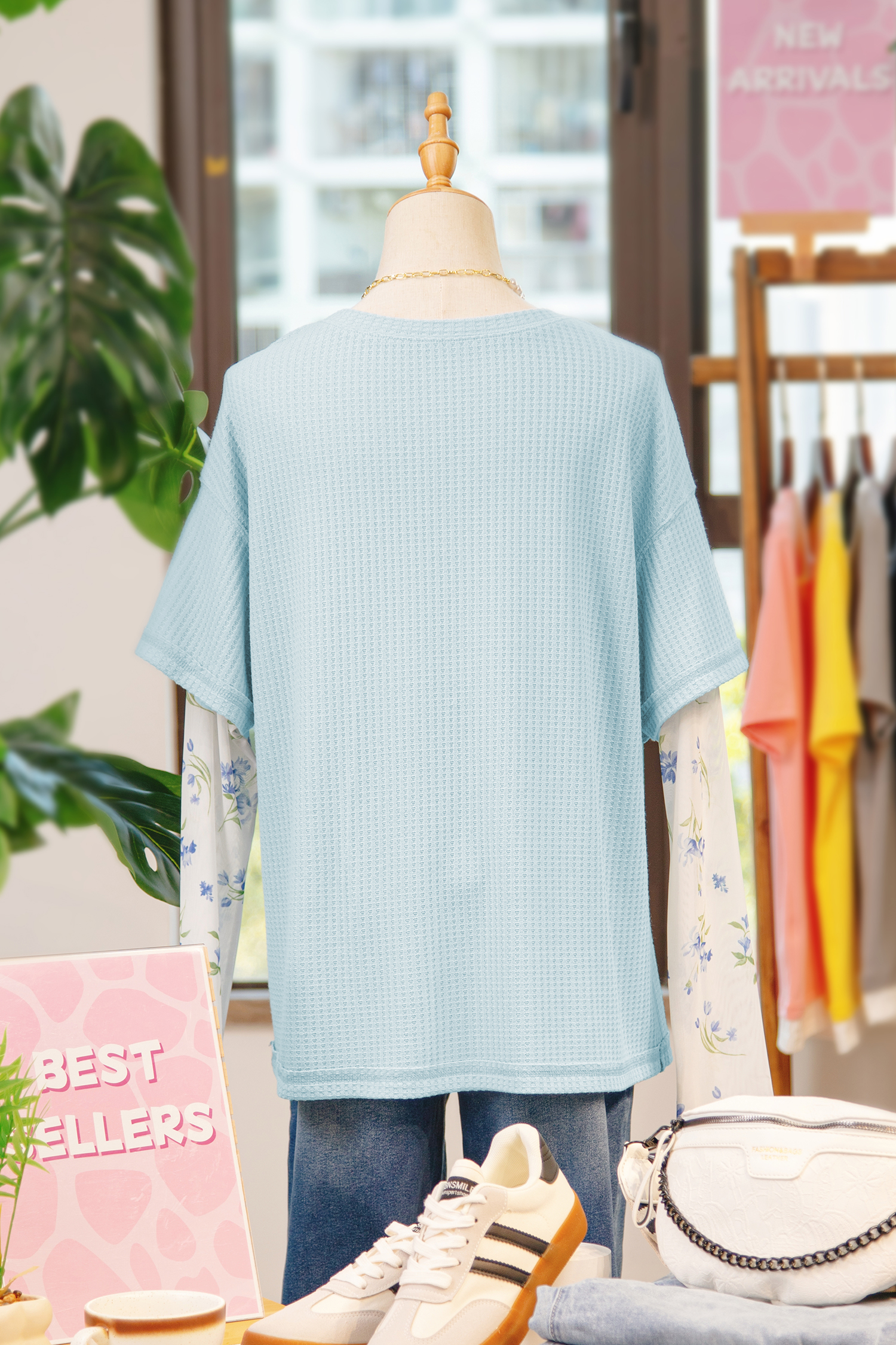Beau Blue Floral Lace Sleeve Patchwork Waffle Fake Two-piece Top