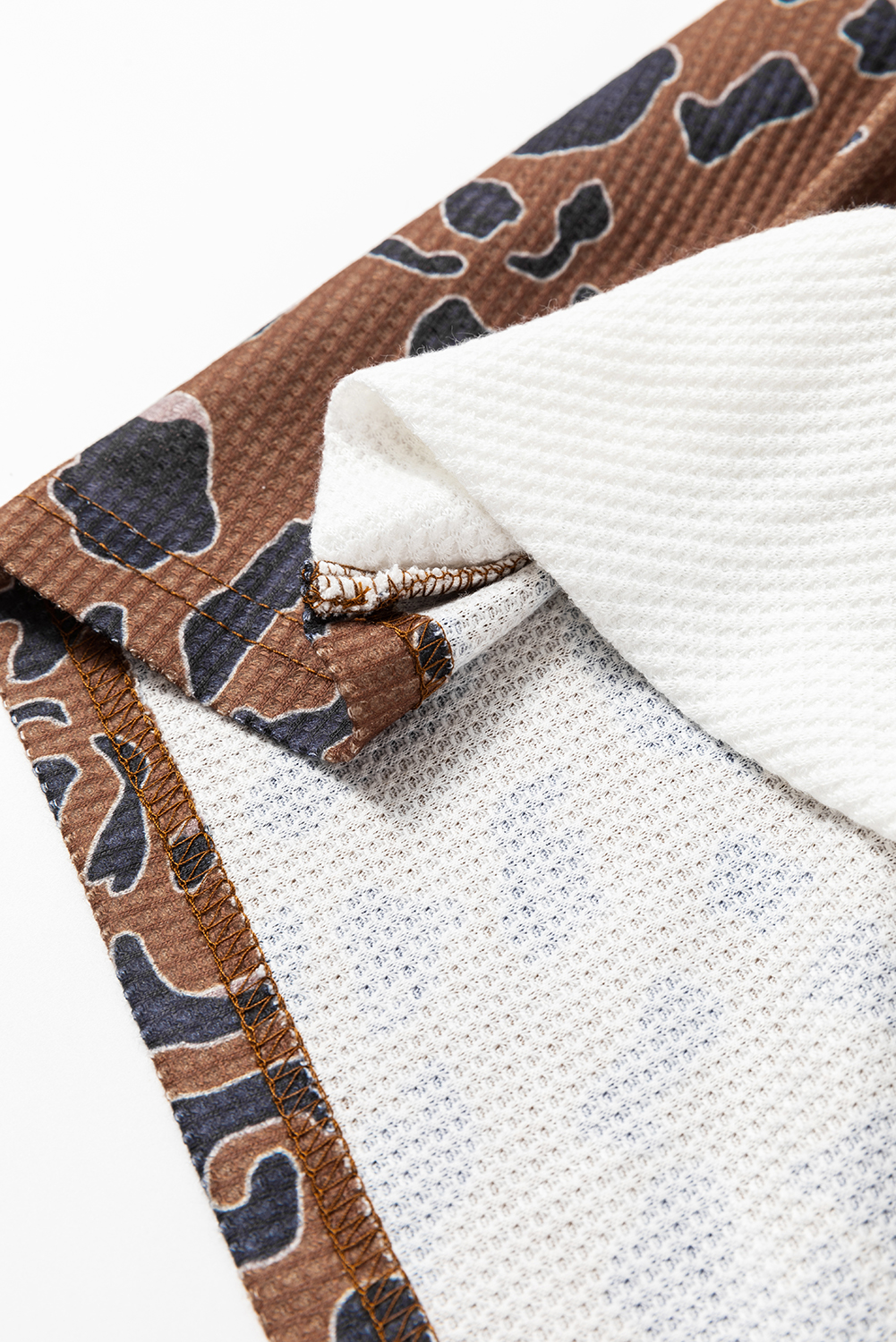 Brown Leopard Contrast Waffle Knit Twist Hem V Neck Top