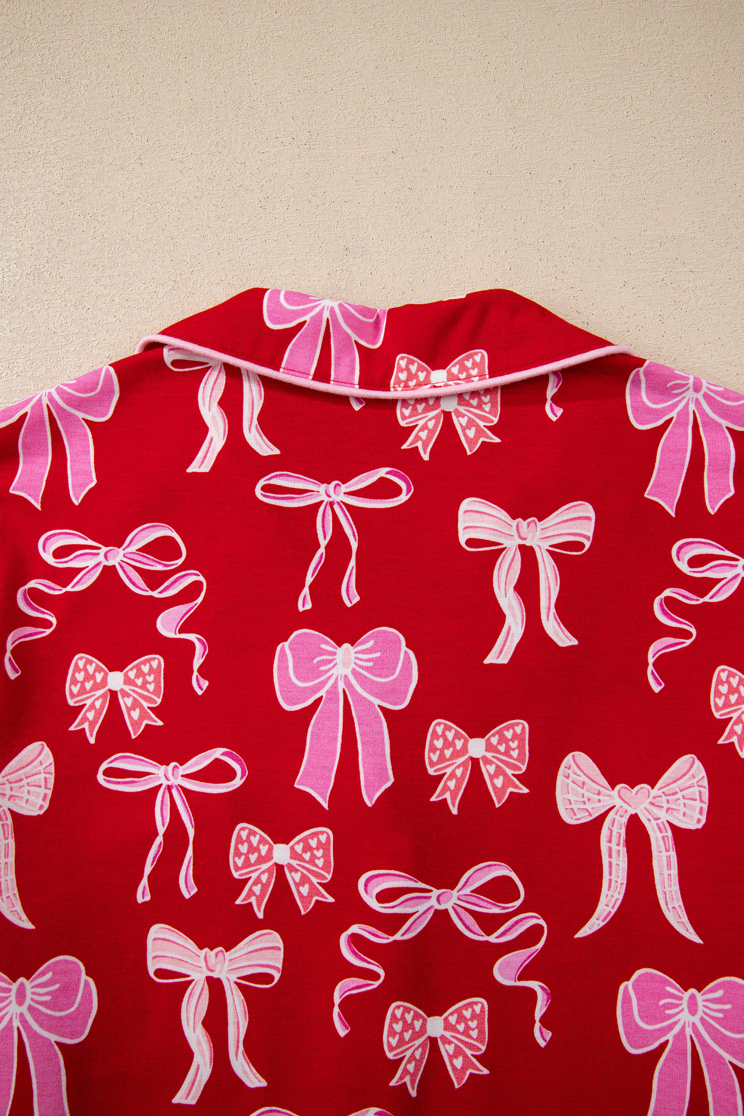 Red Sweet Bow Print Shirt Style Top Long 2pcs Pajama Set