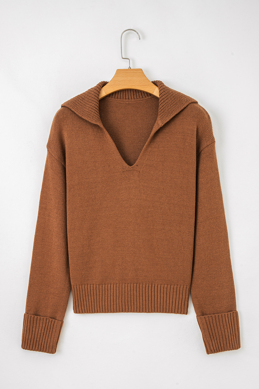 Racing Red Collared V Neck Ribbed Edge Sexy Elegant Sweater