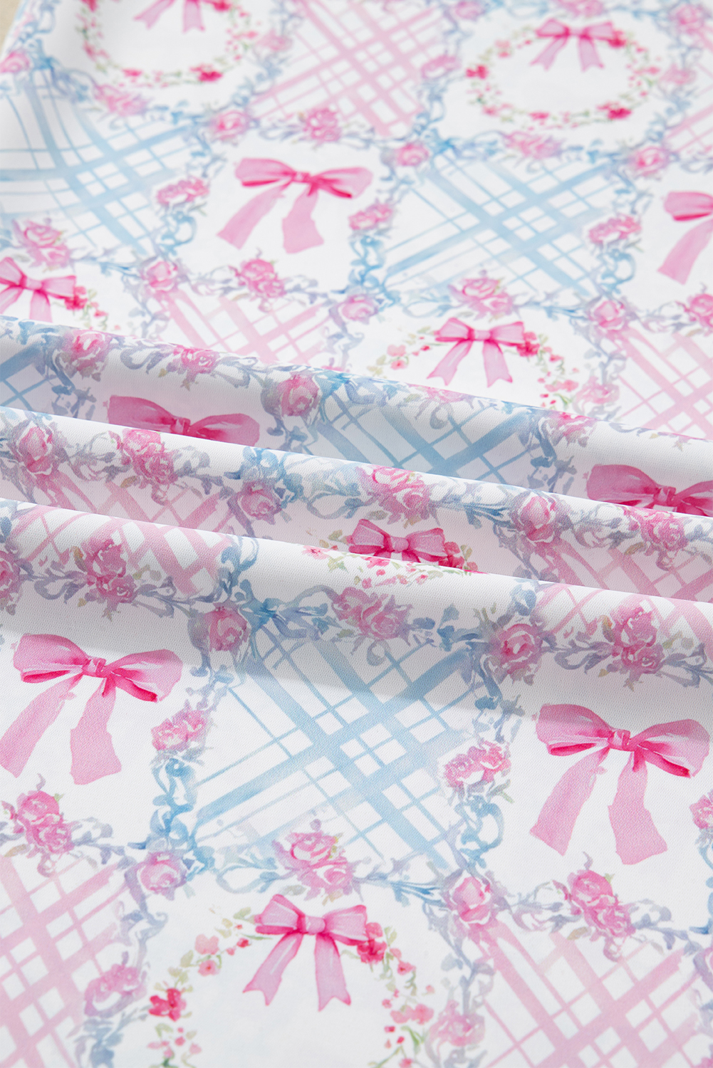 Pink Bow Wreath Pattern Christmas Holiday Tied Front Long Sleeve 2pcs Pajama Set