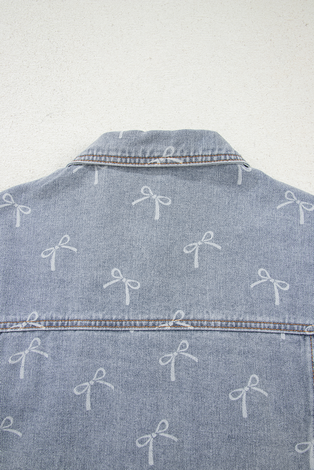 Sky Blue Bow Knot Print Light Wash Raw Hem Denim Jacket