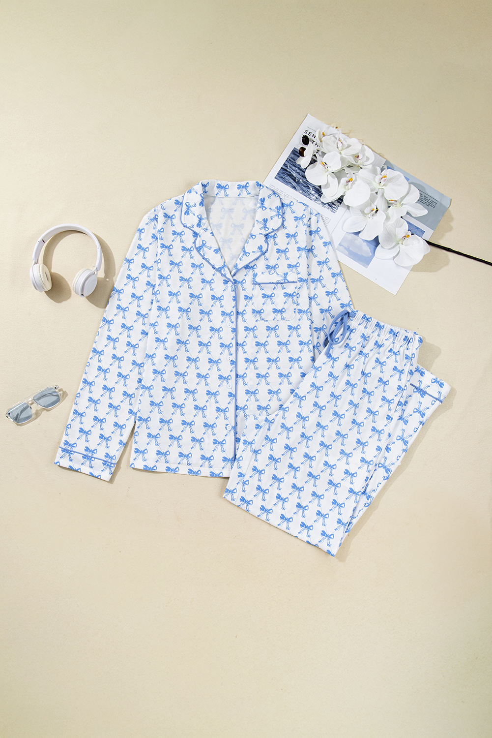 Sky Blue Bow Print Long Sleeve Shirt and Pants Soft Pajama Set