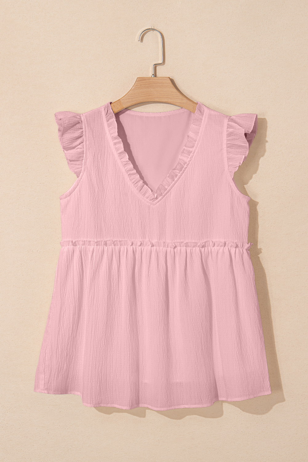 Light Pink Textured Ruffled Trim V Neck Flutter Flowy Top